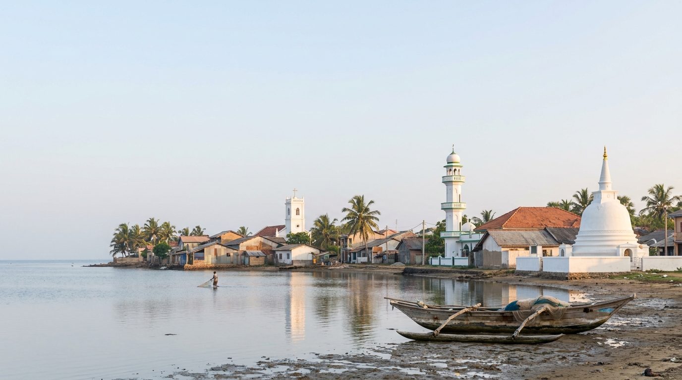 Petite ville côtière du Sri Lanka au lever du jour vue depuis une lagune : un dôme blanc bouddhiste, le minaret d'une mosquée et le clocher d'une église se détachent au-dessus des toits, une pirogue à balancier au premier plan