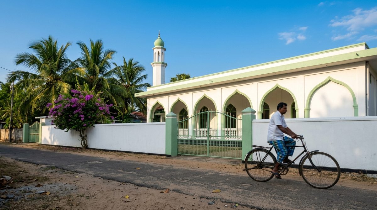 Petite mosquée blanche à liserés verts d'une ville de la côte est du Sri Lanka, un homme à vélo passant devant sur la route ensablée en fin de journée