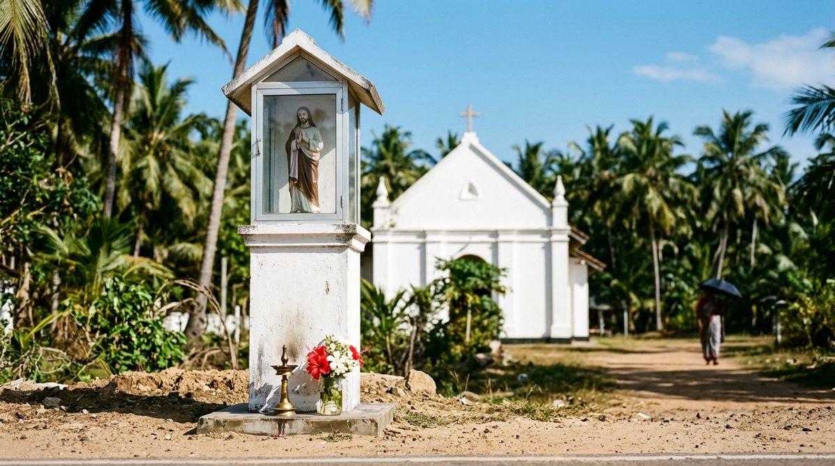 Niche vitrée abritant une statue du Christ au bord d'une route de la côte ouest du Sri Lanka, fleurs fraîches et lampe de laiton au pied, église blanche et cocotiers en arrière-plan